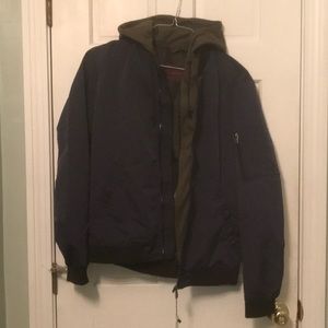 Men’s Zara Navy Bomber Jacket with Green Hood